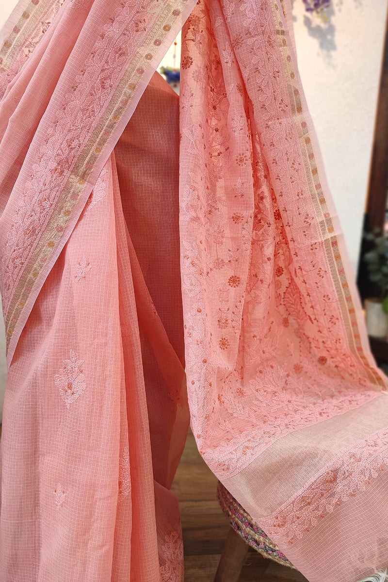 Lucknowi Chikankari Saree for Women with Fine Embroidery & Border (Peach Pink)