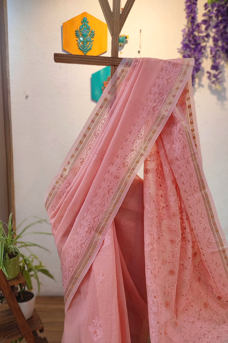 Lucknowi Chikankari Saree for Women with Fine Embroidery & Border (Peach Pink)