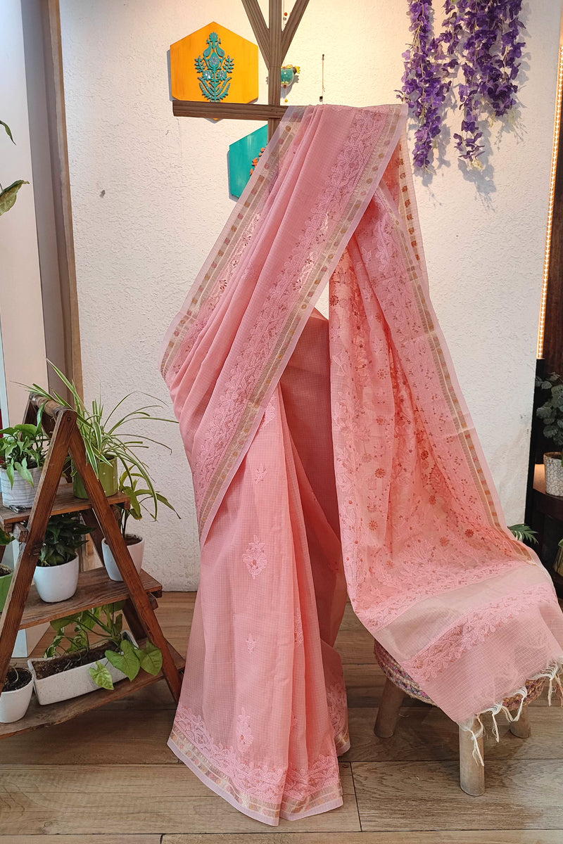 Lucknowi Chikankari Saree for Women with Fine Embroidery & Border (Peach Pink)
