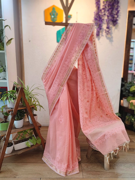 Lucknowi Chikankari Saree for Women with Fine Embroidery & Border (Peach Pink)