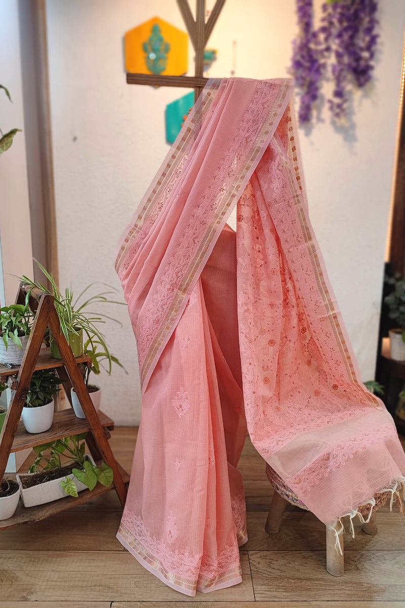 Lucknowi Chikankari Saree for Women with Fine Embroidery & Border (Peach Pink)