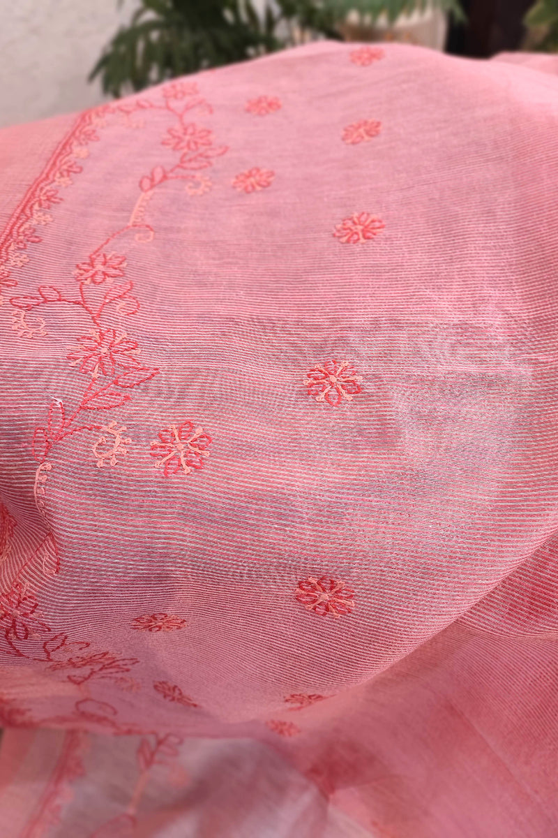 Lucknowi Chikankari Saree – Peach Pink Embroidered Saree for Women