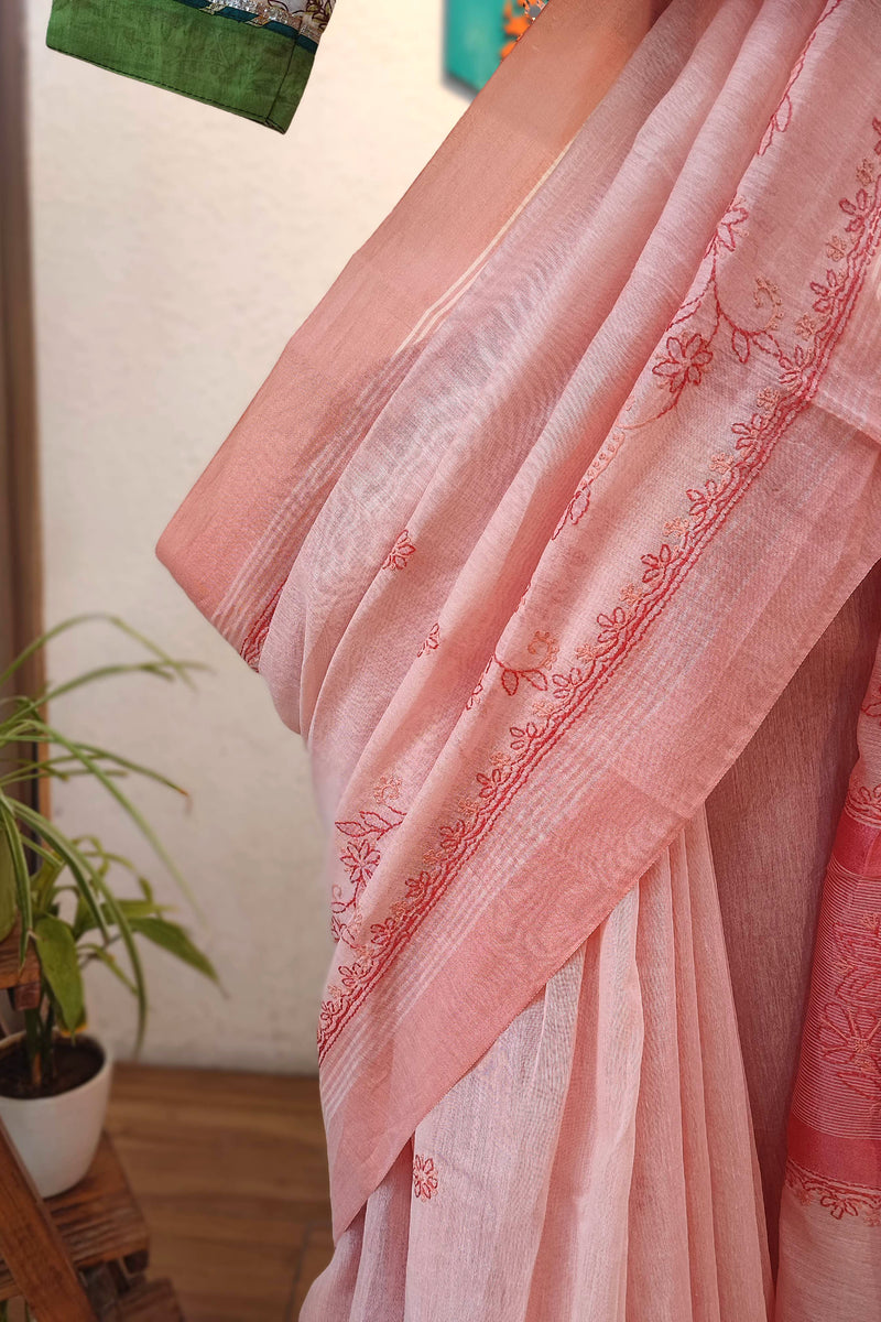 Lucknowi Chikankari Saree – Peach Pink Embroidered Saree for Women
