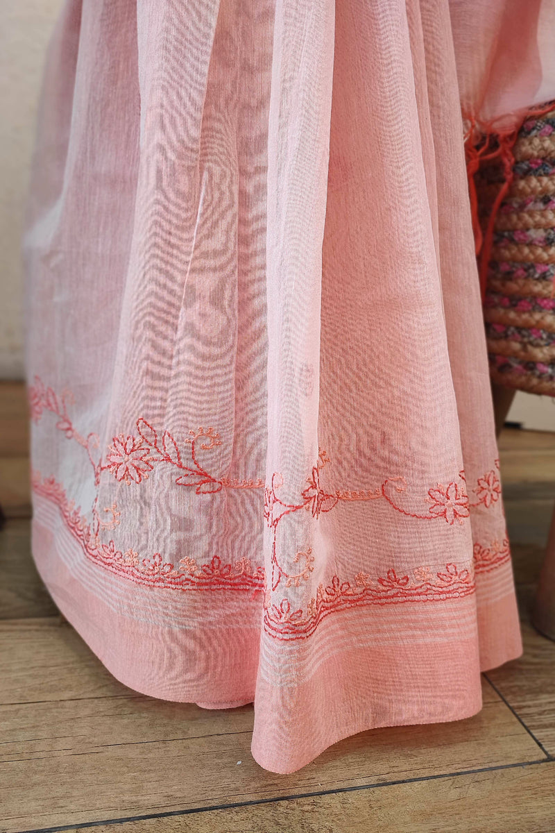 Lucknowi Chikankari Saree – Peach Pink Embroidered Saree for Women