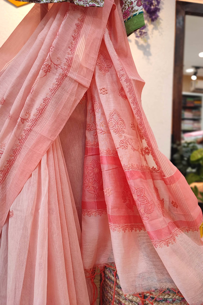 Lucknowi Chikankari Saree – Peach Pink Embroidered Saree for Women
