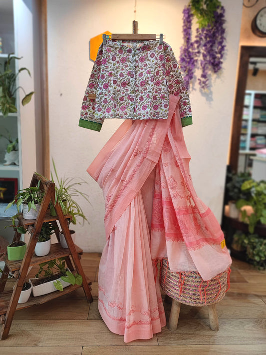 Lucknowi Chikankari Saree – Peach Pink Embroidered Saree for Women