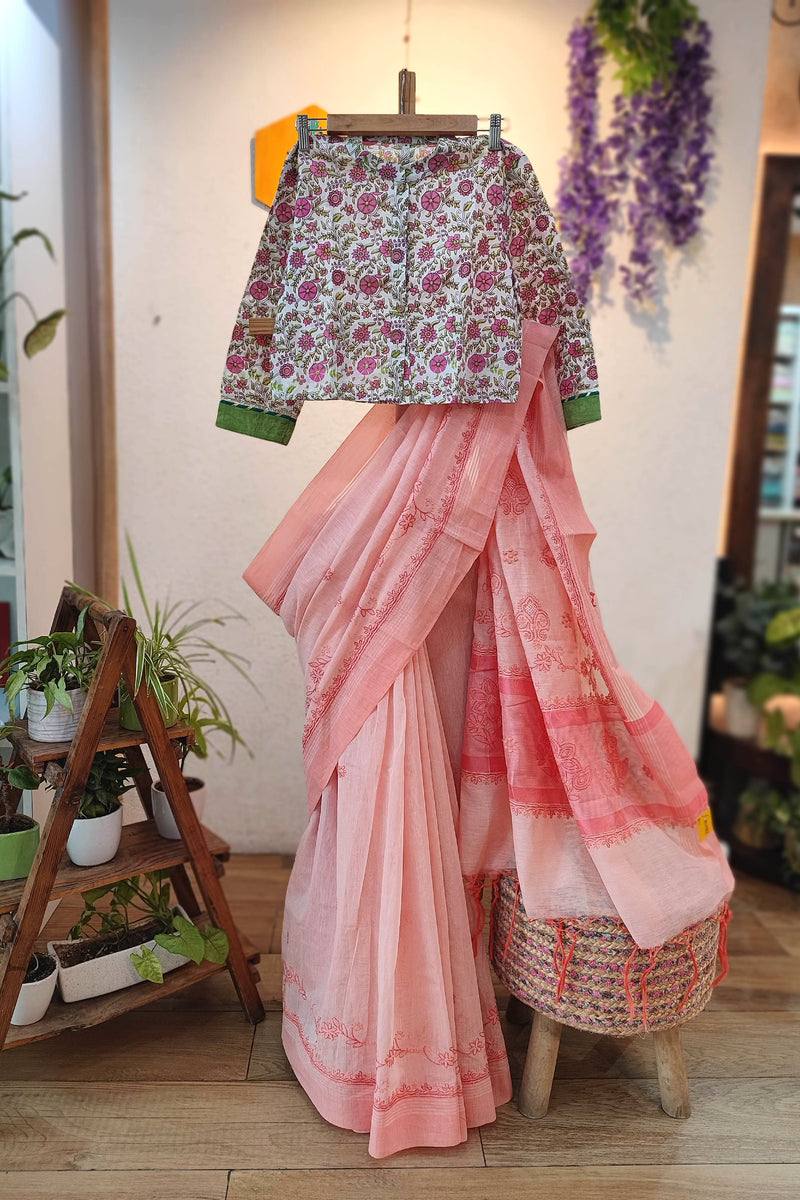 Lucknowi Chikankari Saree – Peach Pink Embroidered Saree for Women
