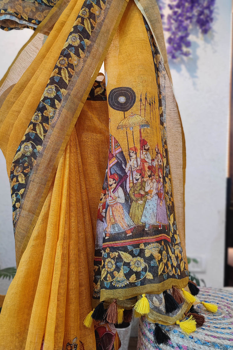 Mustard Yellow Linen Cotton Saree with Royal Procession Print, Floral Border & Matching Blouse