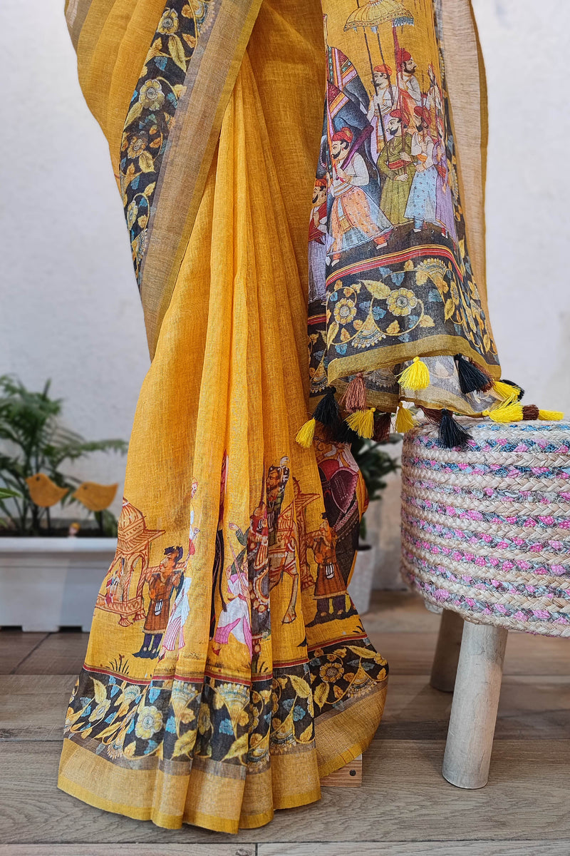 Mustard Yellow Linen Cotton Saree with Royal Procession Print, Floral Border & Matching Blouse