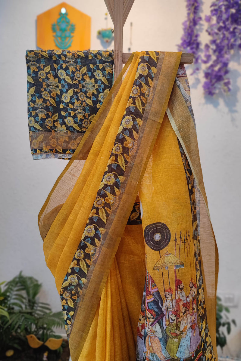 Mustard Yellow Linen Cotton Saree with Royal Procession Print, Floral Border & Matching Blouse