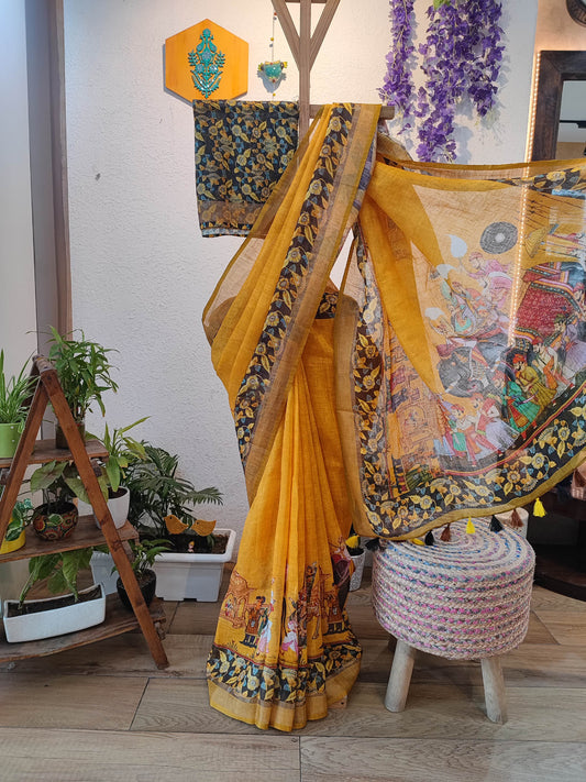 Mustard Yellow Linen Cotton Saree with Royal Procession Print, Floral Border & Matching Blouse