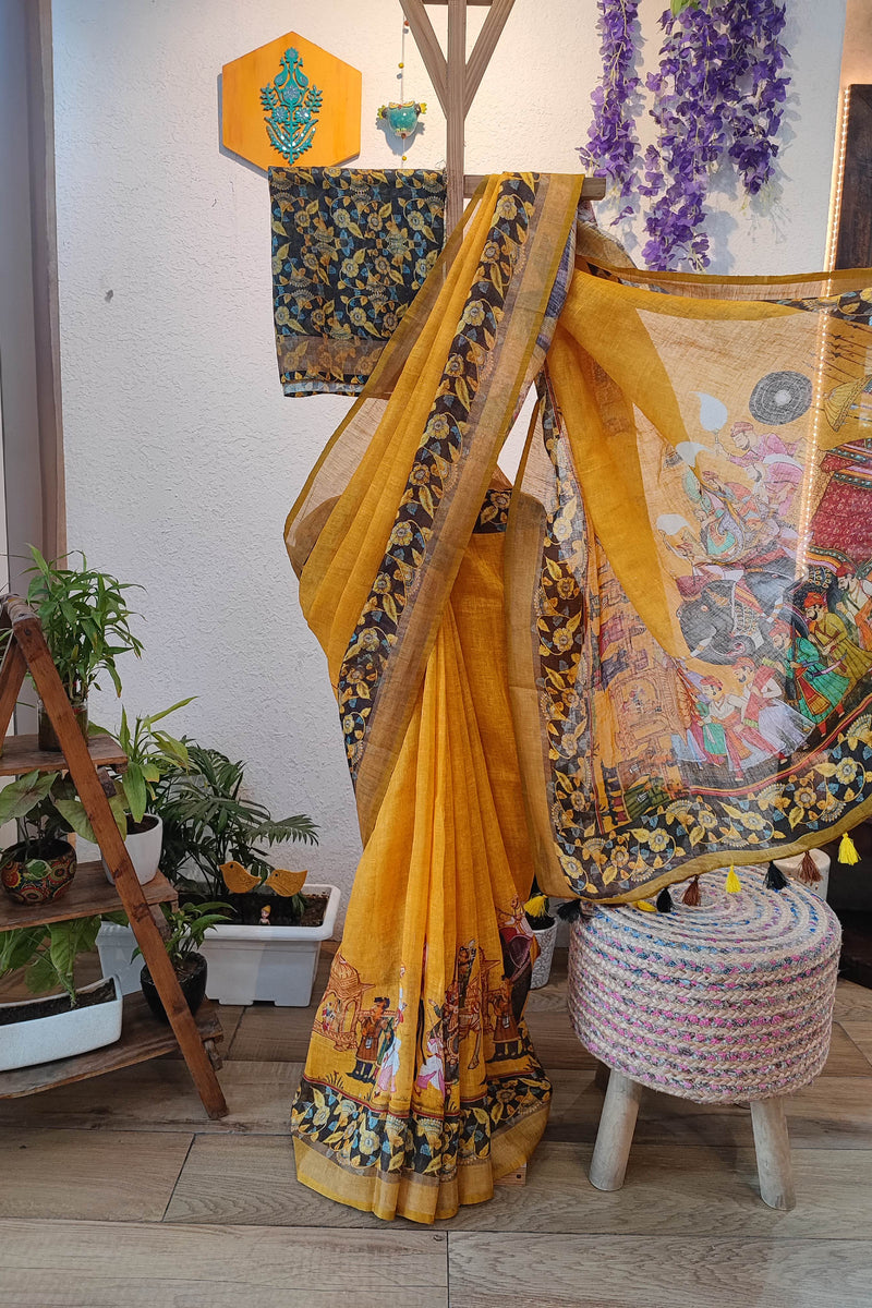 Mustard Yellow Linen Cotton Saree with Royal Procession Print, Floral Border & Matching Blouse