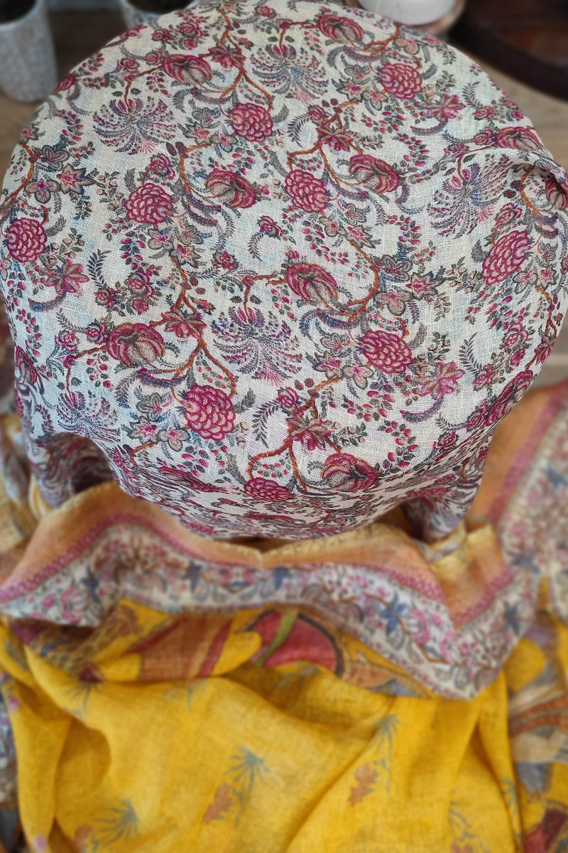 Mustard Yellow Linen Cotton Saree with Heritage Print, Artistic Pallu & Tassels