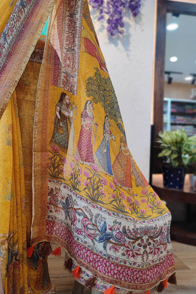 Mustard Yellow Linen Cotton Saree with Heritage Print, Artistic Pallu & Tassels