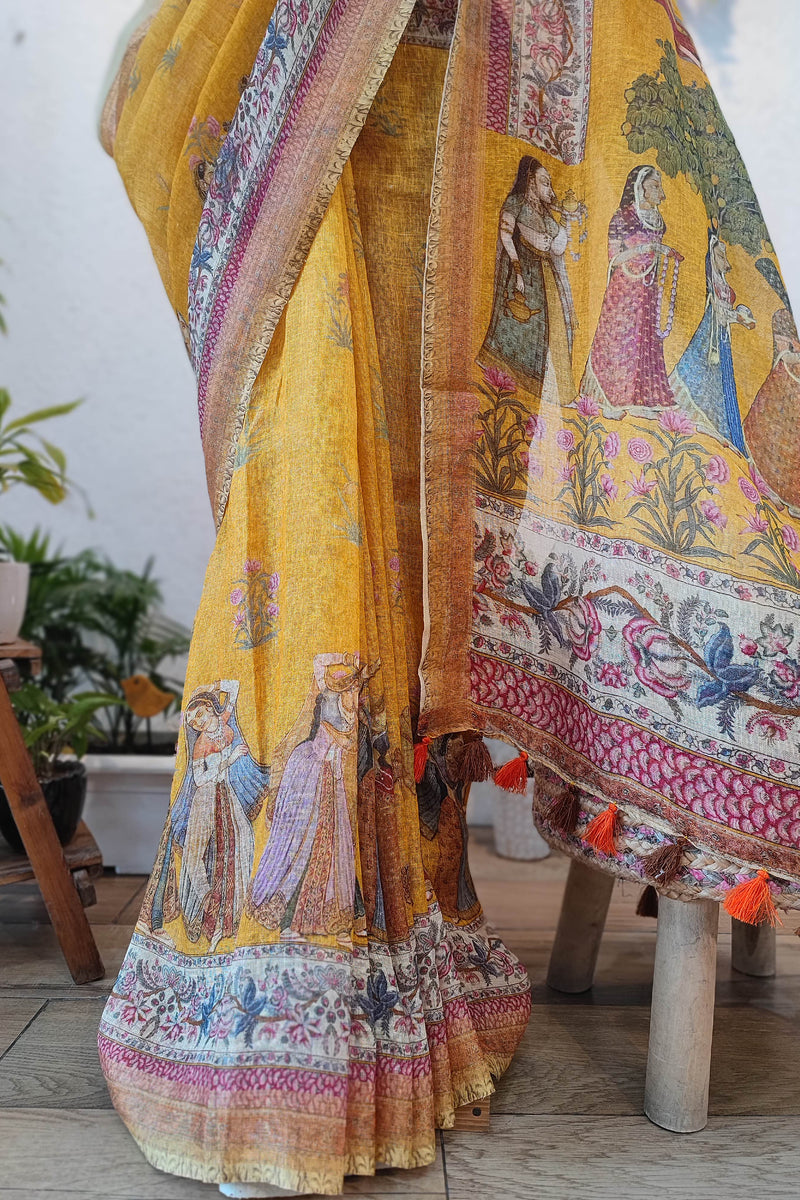 Mustard Yellow Linen Cotton Saree with Heritage Print, Artistic Pallu & Tassels