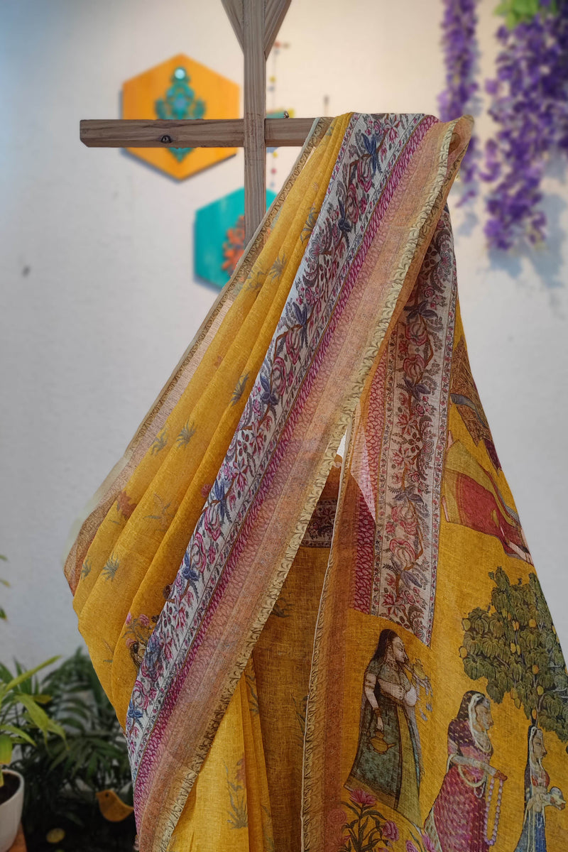 Mustard Yellow Linen Cotton Saree with Heritage Print, Artistic Pallu & Tassels