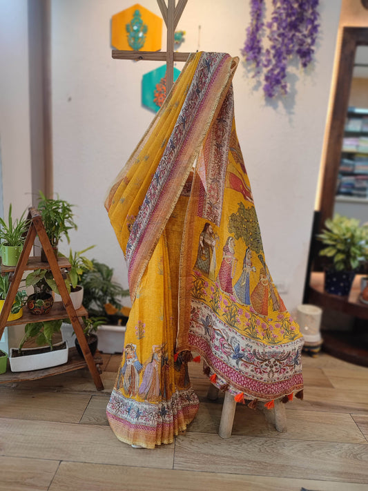 Mustard Yellow Linen Cotton Saree with Heritage Print, Artistic Pallu & Tassels
