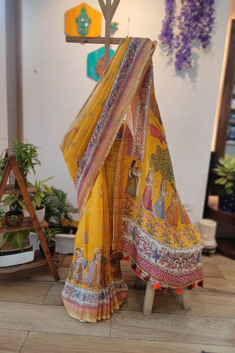 Mustard Yellow Linen Cotton Saree with Heritage Print, Artistic Pallu & Tassels