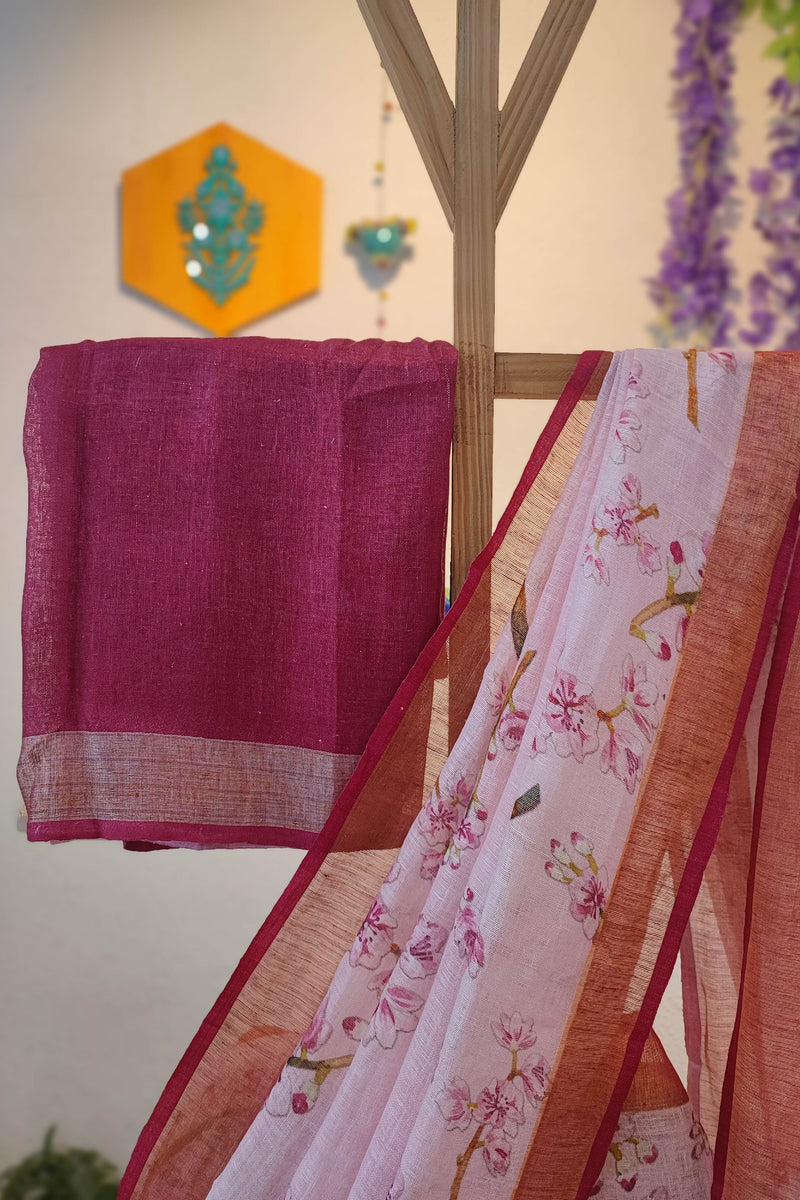 Blush Pink Floral Printed Linen Cotton Saree with Wine Border & Matching Blouse