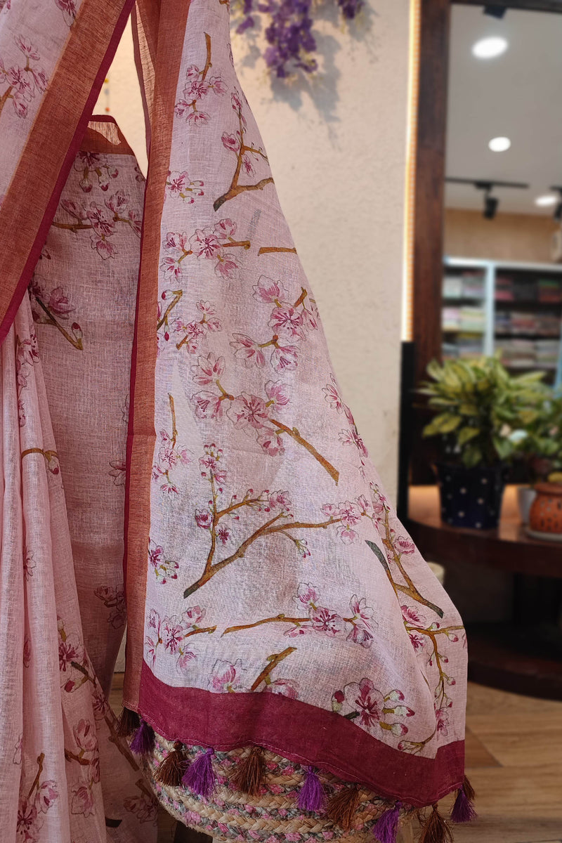 Blush Pink Floral Printed Linen Cotton Saree with Wine Border & Matching Blouse