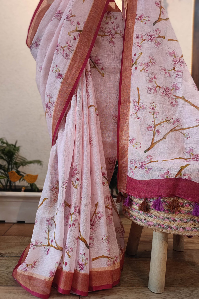 Blush Pink Floral Printed Linen Cotton Saree with Wine Border & Matching Blouse