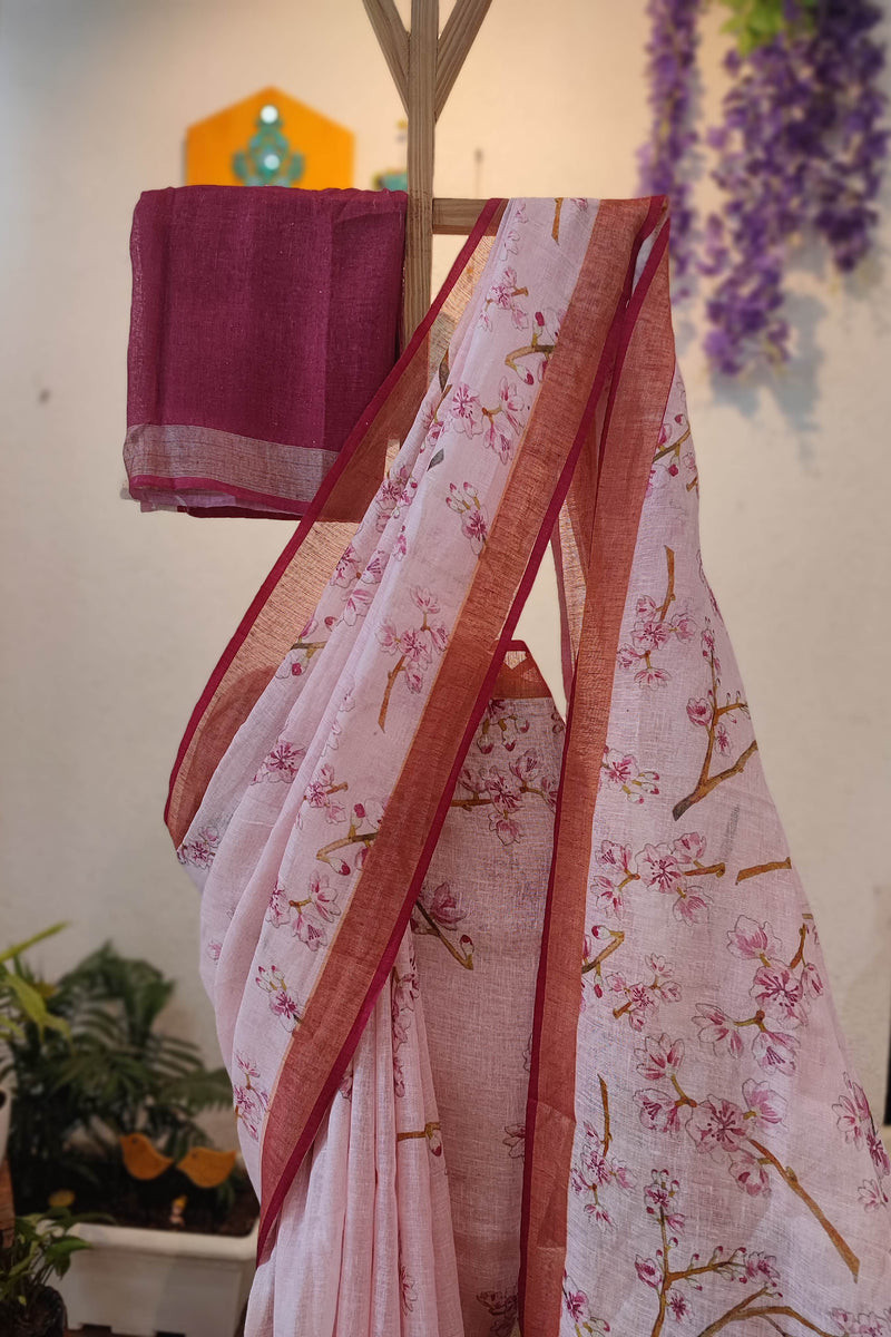 Blush Pink Floral Printed Linen Cotton Saree with Wine Border & Matching Blouse