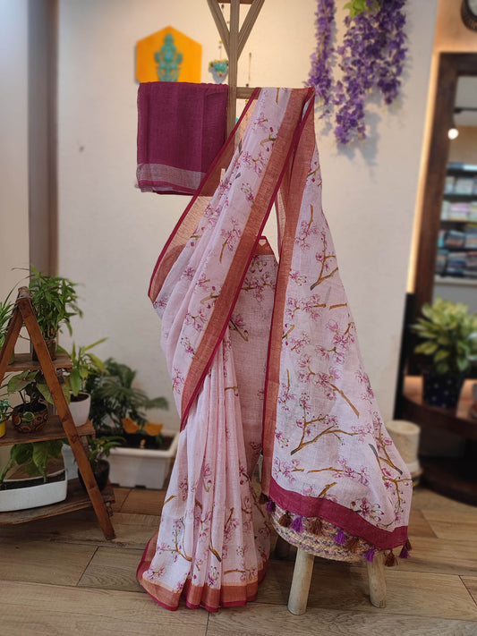 Blush Pink Floral Printed Linen Cotton Saree with Wine Border & Matching Blouse