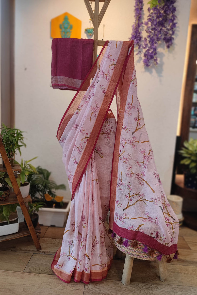 Blush Pink Floral Printed Linen Cotton Saree with Wine Border & Matching Blouse