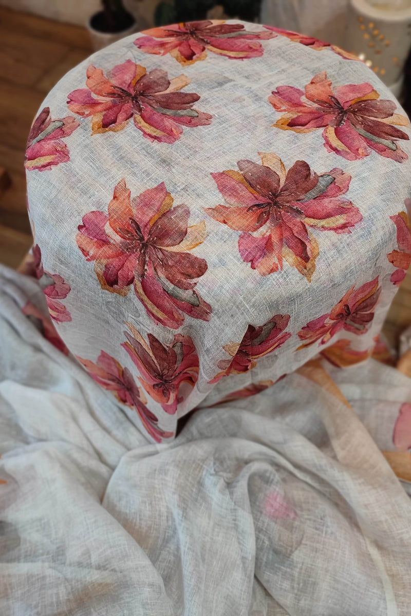 Off White Floral Printed Linen Cotton Saree with Beige Border & Tassel Pallu