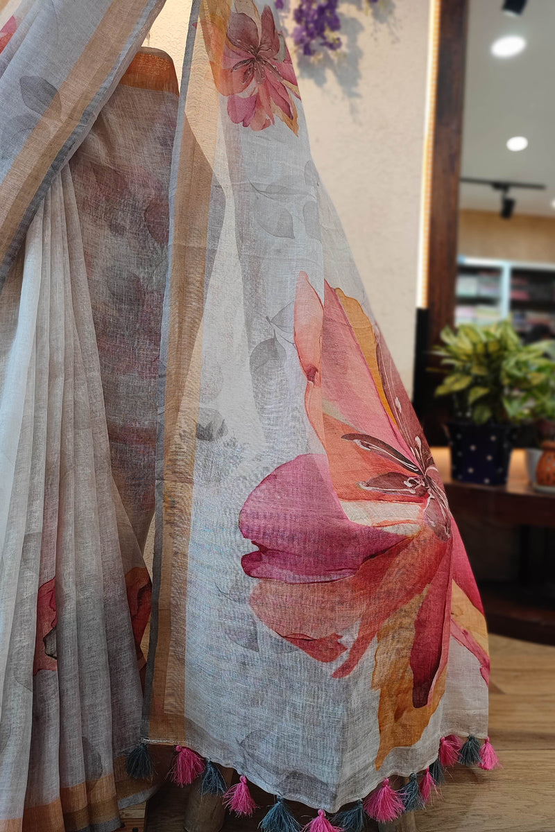 Off White Floral Printed Linen Cotton Saree with Beige Border & Tassel Pallu