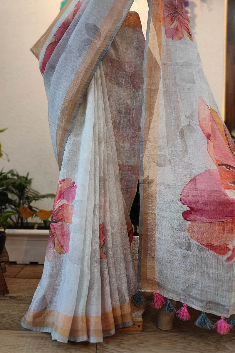 Off White Floral Printed Linen Cotton Saree with Beige Border & Tassel Pallu