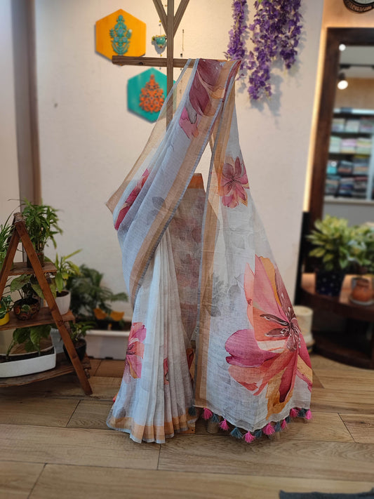 Off White Floral Printed Linen Cotton Saree with Beige Border & Tassel Pallu