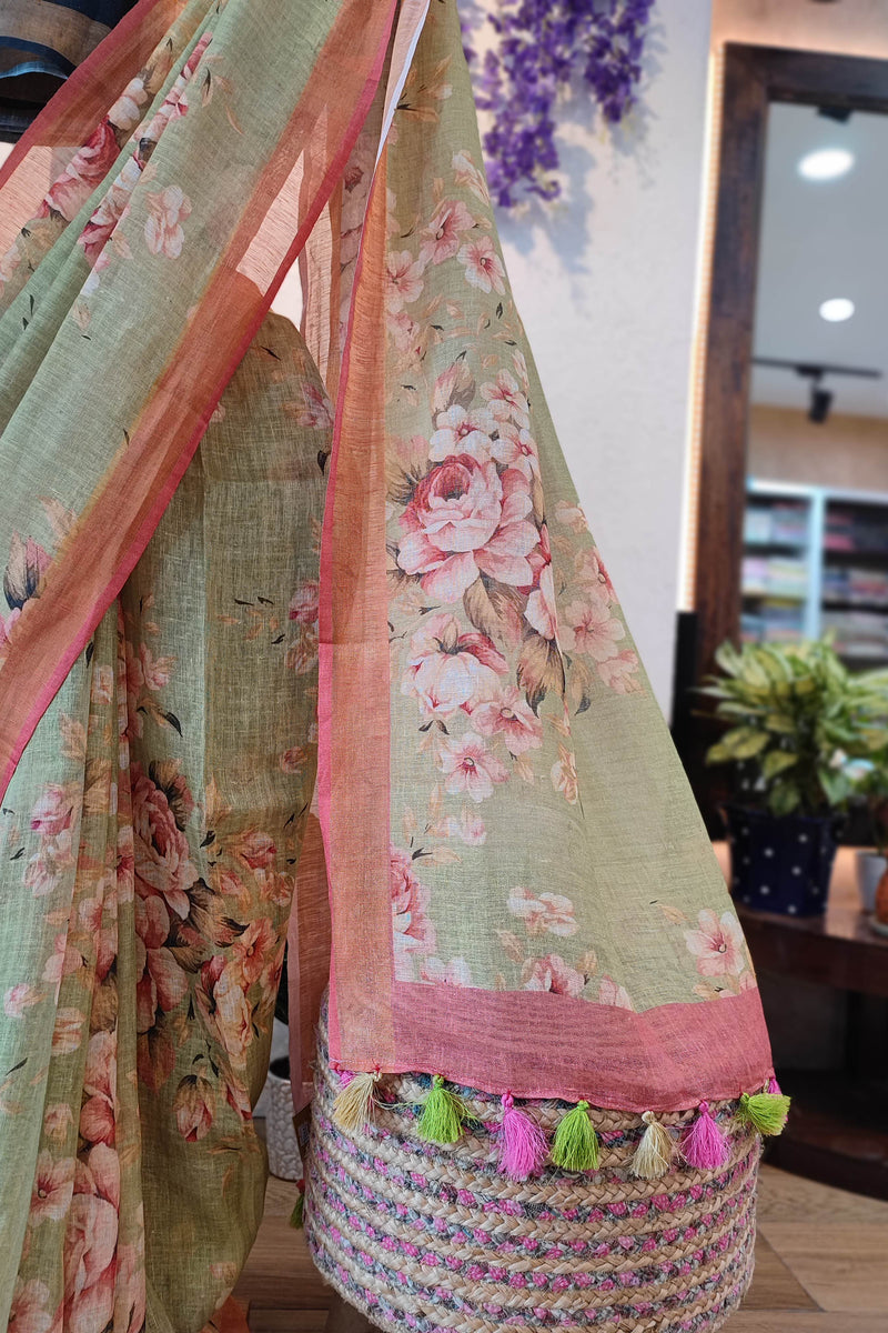 Sage Green Floral Printed Linen Cotton Saree with Peach Border