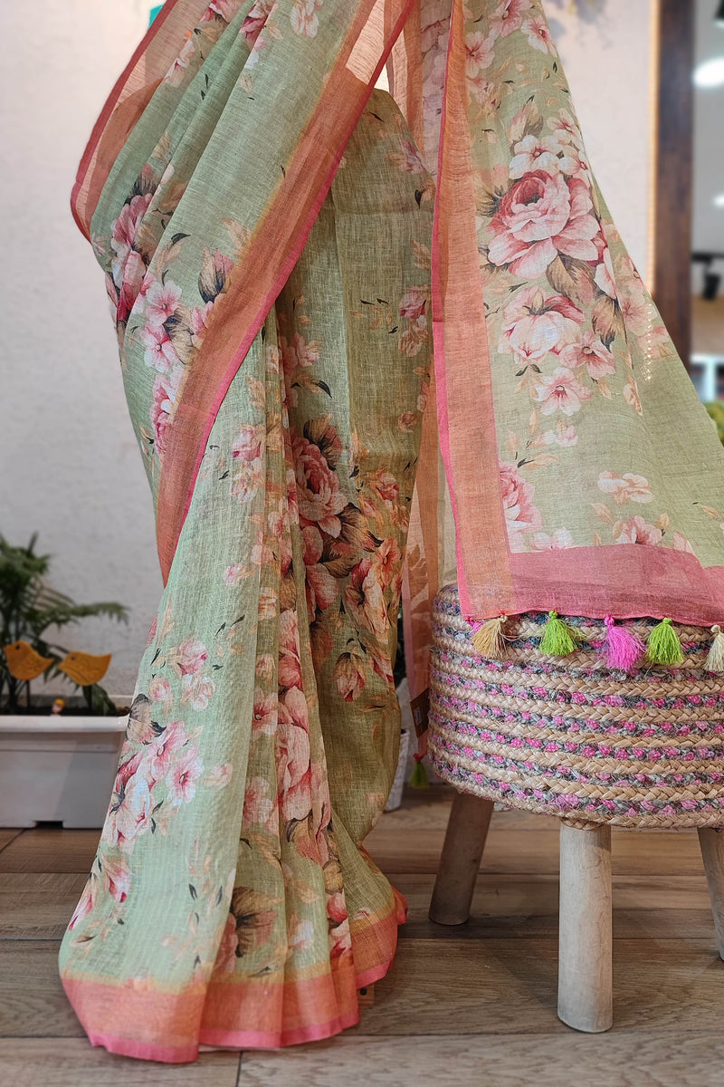 Sage Green Floral Printed Linen Cotton Saree with Peach Border
