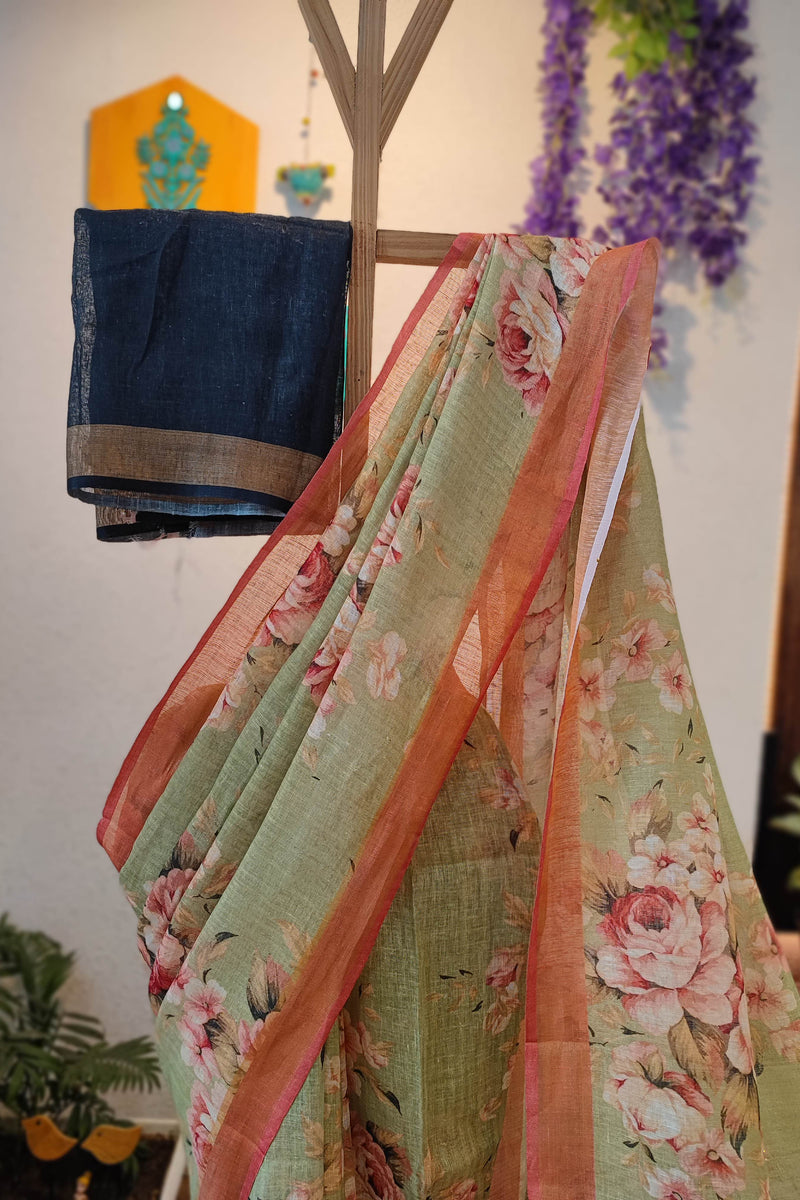 Sage Green Floral Printed Linen Cotton Saree with Peach Border