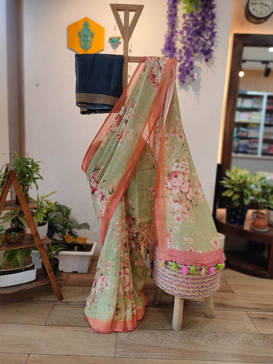 Sage Green Floral Printed Linen Cotton Saree with Peach Border