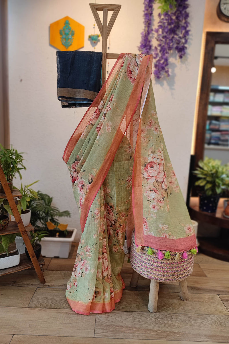 Sage Green Floral Printed Linen Cotton Saree with Peach Border