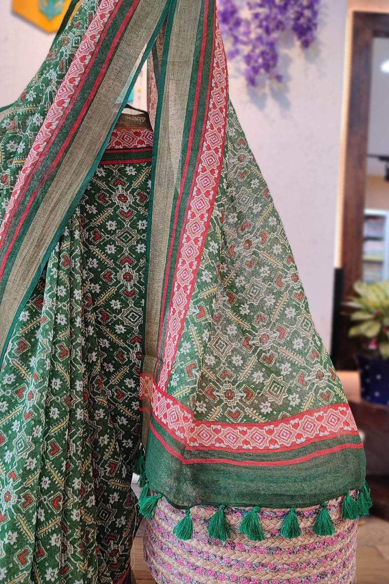 Forest Green Printed Linen Cotton Saree with Ethnic Border & Tassel Pallu
