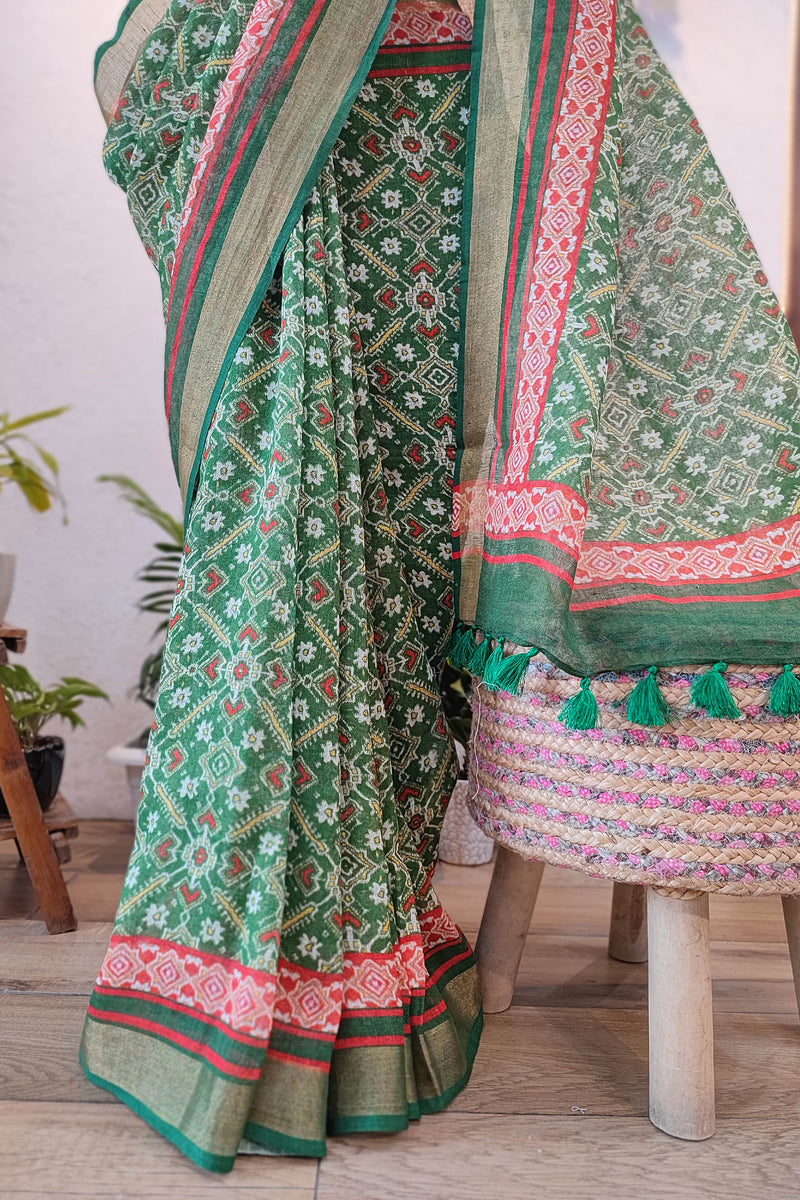 Forest Green Printed Linen Cotton Saree with Ethnic Border & Tassel Pallu