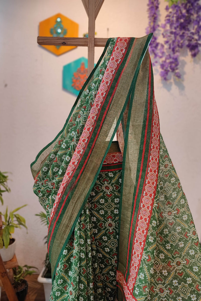 Forest Green Printed Linen Cotton Saree with Ethnic Border & Tassel Pallu