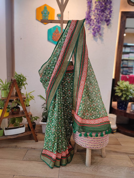 Forest Green Printed Linen Cotton Saree with Ethnic Border & Tassel Pallu
