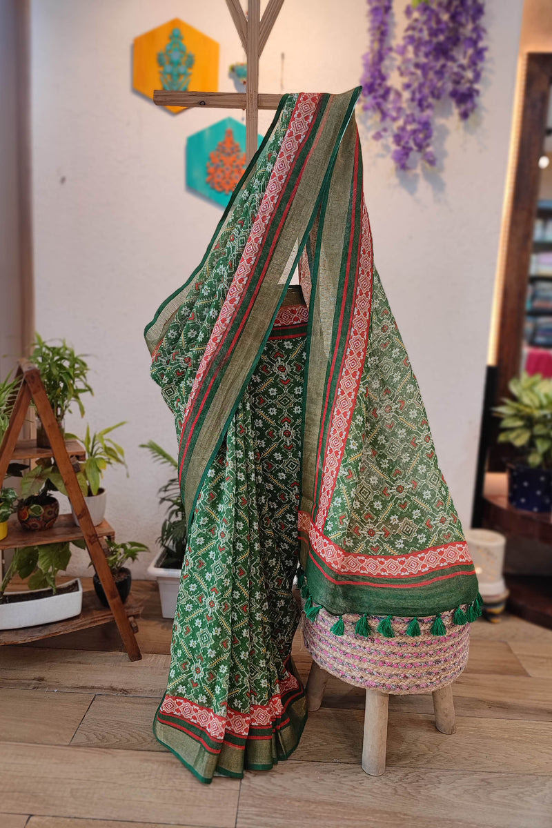 Forest Green Printed Linen Cotton Saree with Ethnic Border & Tassel Pallu