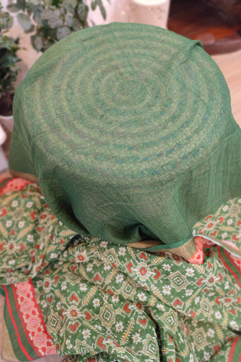 Forest Green Printed Linen Cotton Saree with Ethnic Border & Tassel Pallu