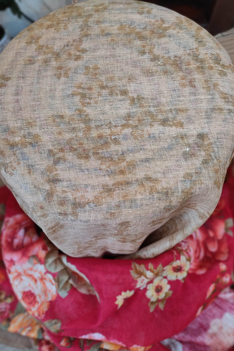 Deep Red Floral Printed Linen Cotton Saree with Beige Border & Tassels