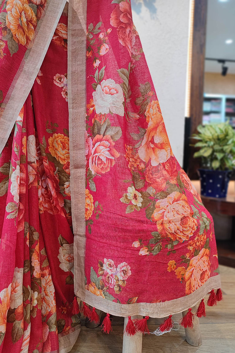 Deep Red Floral Printed Linen Cotton Saree with Beige Border & Tassels
