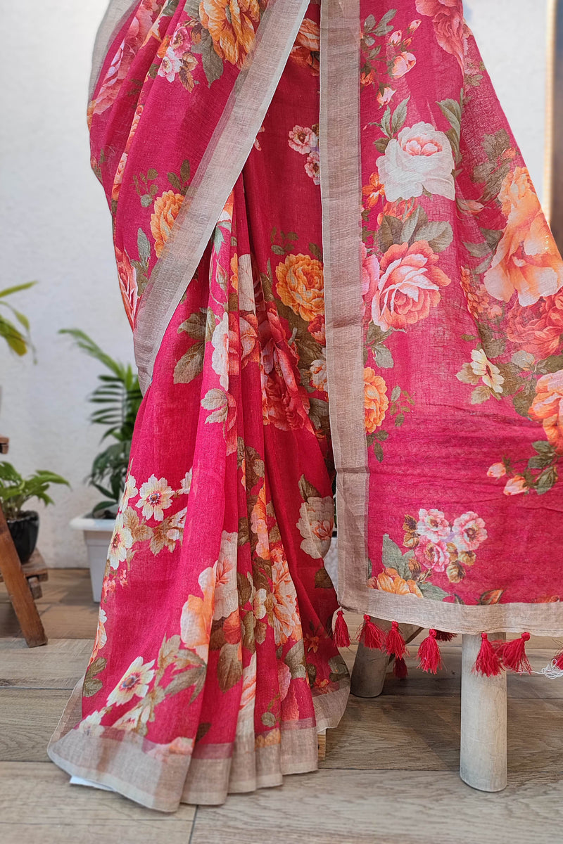 Deep Red Floral Printed Linen Cotton Saree with Beige Border & Tassels