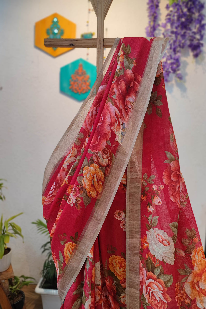 Deep Red Floral Printed Linen Cotton Saree with Beige Border & Tassels