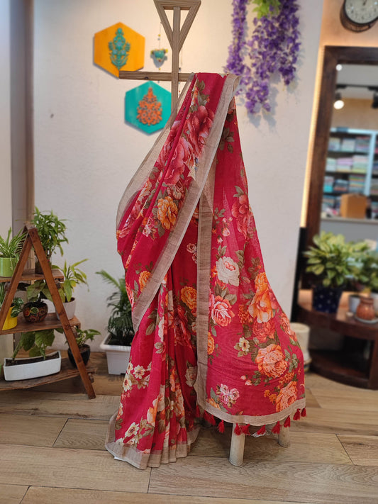 Deep Red Floral Printed Linen Cotton Saree with Beige Border & Tassels