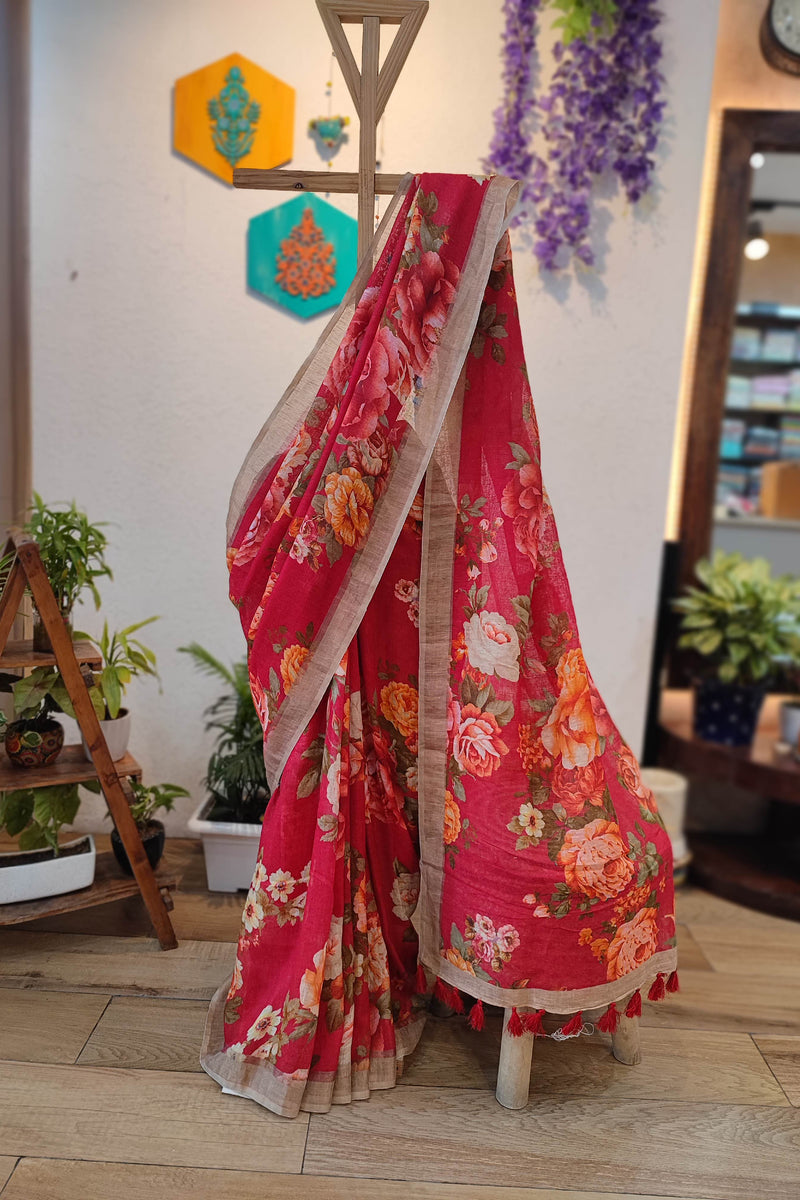 Deep Red Floral Printed Linen Cotton Saree with Beige Border & Tassels