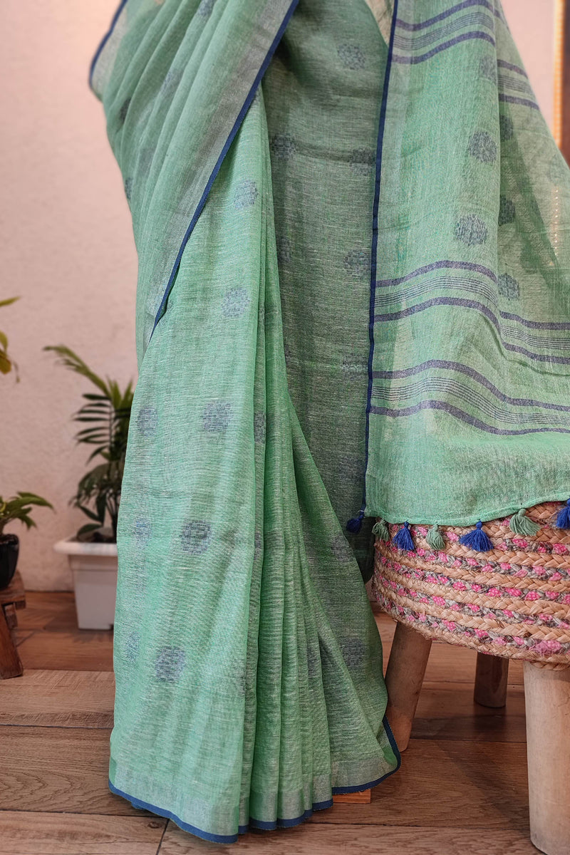 Sea Green Linen Cotton Saree with Woven Buti, Contrast Blue Border & Tassels